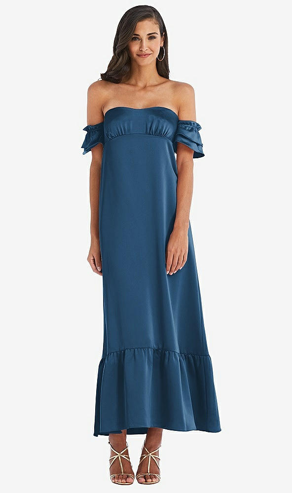 Front View - Dusk Blue Ruffled Off-the-Shoulder Tiered Cuff Sleeve Midi Dress