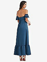 Rear View Thumbnail - Dusk Blue Ruffled Off-the-Shoulder Tiered Cuff Sleeve Midi Dress