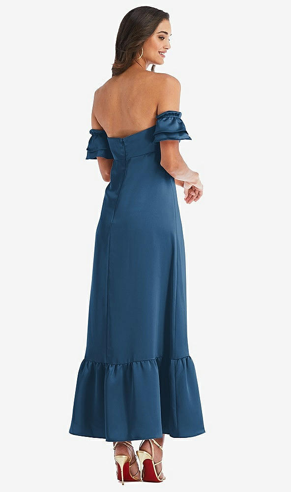 Back View - Dusk Blue Ruffled Off-the-Shoulder Tiered Cuff Sleeve Midi Dress