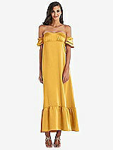 Front View Thumbnail - NYC Yellow Ruffled Off-the-Shoulder Tiered Cuff Sleeve Midi Dress
