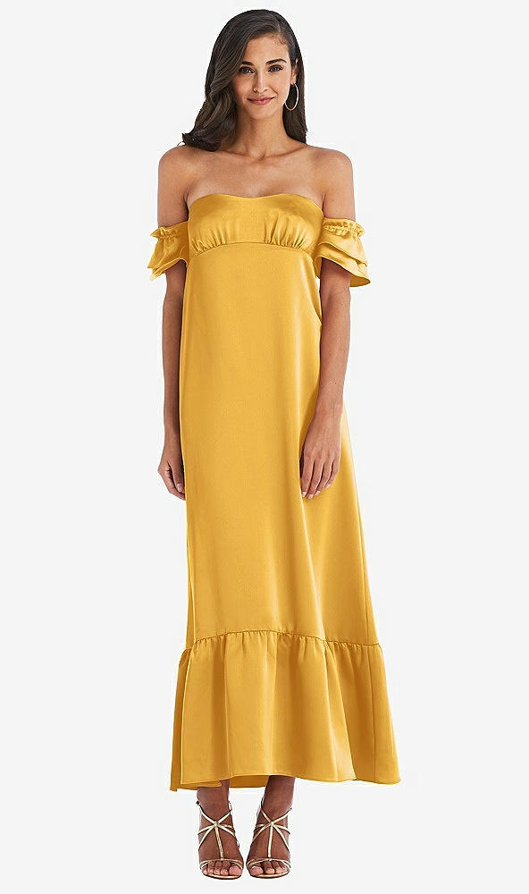 Front View - NYC Yellow Ruffled Off-the-Shoulder Tiered Cuff Sleeve Midi Dress
