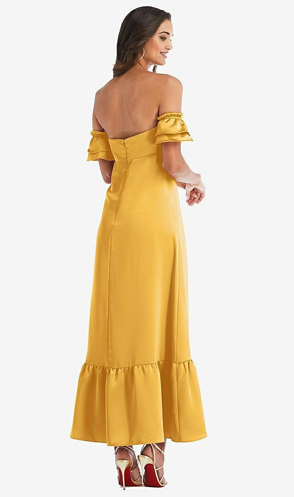 Back View - NYC Yellow Ruffled Off-the-Shoulder Tiered Cuff Sleeve Midi Dress