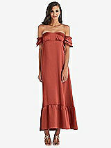 Front View Thumbnail - Amber Sunset Ruffled Off-the-Shoulder Tiered Cuff Sleeve Midi Dress