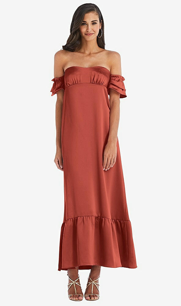 Front View - Amber Sunset Ruffled Off-the-Shoulder Tiered Cuff Sleeve Midi Dress