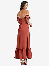 Rear View Thumbnail - Amber Sunset Ruffled Off-the-Shoulder Tiered Cuff Sleeve Midi Dress