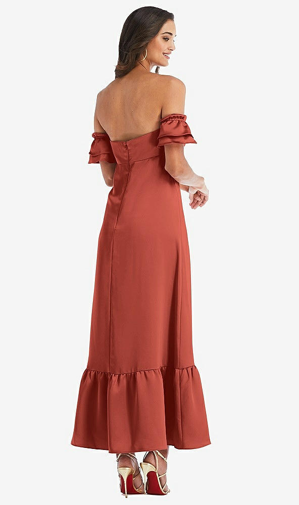 Back View - Amber Sunset Ruffled Off-the-Shoulder Tiered Cuff Sleeve Midi Dress