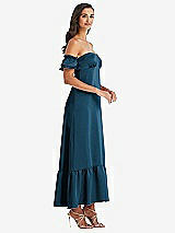 Side View Thumbnail - Atlantic Blue Ruffled Off-the-Shoulder Tiered Cuff Sleeve Midi Dress