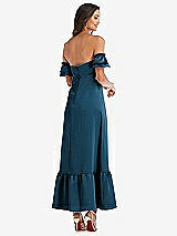 Rear View Thumbnail - Atlantic Blue Ruffled Off-the-Shoulder Tiered Cuff Sleeve Midi Dress