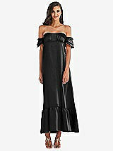 Front View Thumbnail - Black Ruffled Off-the-Shoulder Tiered Cuff Sleeve Midi Dress