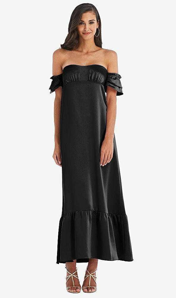 Front View - Black Ruffled Off-the-Shoulder Tiered Cuff Sleeve Midi Dress