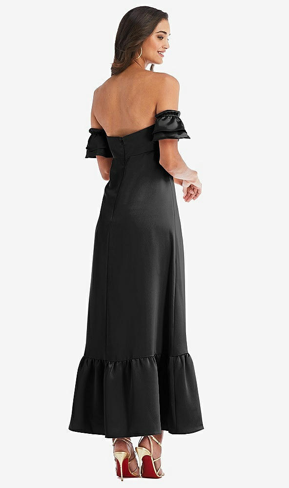 Back View - Black Ruffled Off-the-Shoulder Tiered Cuff Sleeve Midi Dress