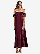 Front View Thumbnail - Cabernet Ruffled Off-the-Shoulder Tiered Cuff Sleeve Midi Dress