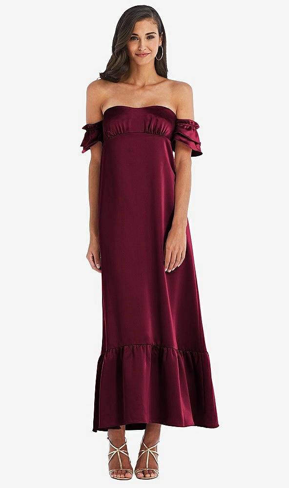 Front View - Cabernet Ruffled Off-the-Shoulder Tiered Cuff Sleeve Midi Dress