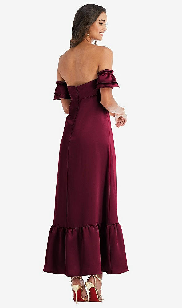 Back View - Cabernet Ruffled Off-the-Shoulder Tiered Cuff Sleeve Midi Dress