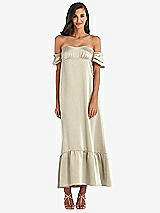 Front View Thumbnail - Champagne Ruffled Off-the-Shoulder Tiered Cuff Sleeve Midi Dress