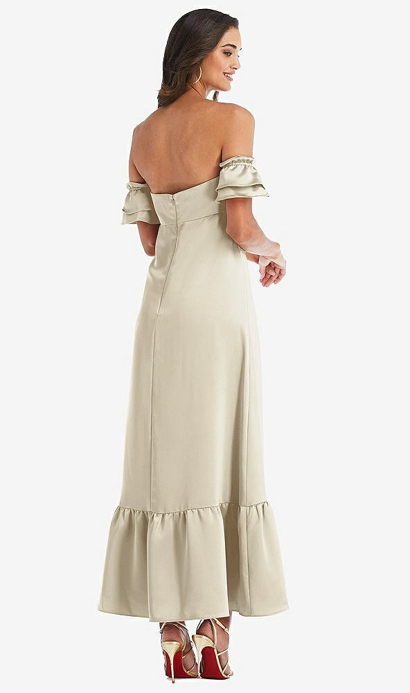 Back View - Champagne Ruffled Off-the-Shoulder Tiered Cuff Sleeve Midi Dress