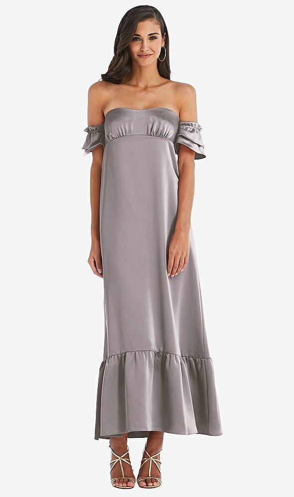 Front View - Cashmere Gray Ruffled Off-the-Shoulder Tiered Cuff Sleeve Midi Dress