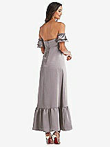 Rear View Thumbnail - Cashmere Gray Ruffled Off-the-Shoulder Tiered Cuff Sleeve Midi Dress