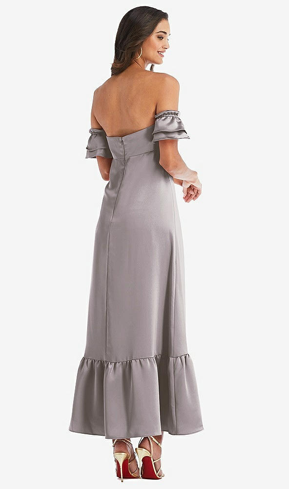 Back View - Cashmere Gray Ruffled Off-the-Shoulder Tiered Cuff Sleeve Midi Dress