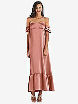 Front View Thumbnail - Desert Rose Ruffled Off-the-Shoulder Tiered Cuff Sleeve Midi Dress