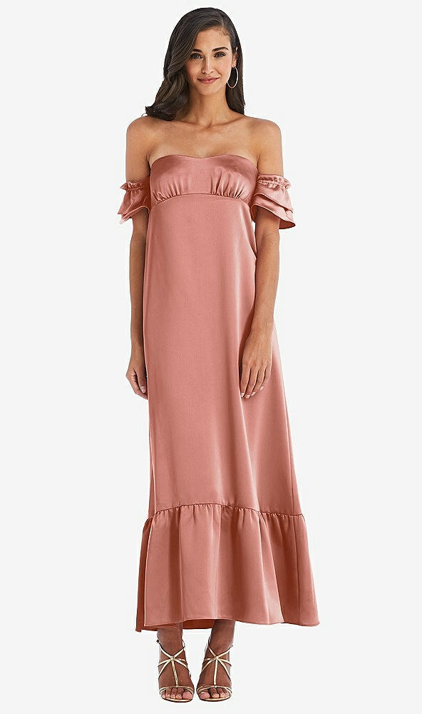 Front View - Desert Rose Ruffled Off-the-Shoulder Tiered Cuff Sleeve Midi Dress