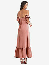 Rear View Thumbnail - Desert Rose Ruffled Off-the-Shoulder Tiered Cuff Sleeve Midi Dress