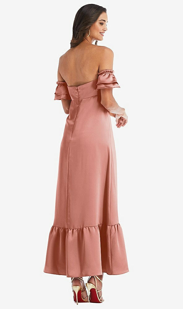Back View - Desert Rose Ruffled Off-the-Shoulder Tiered Cuff Sleeve Midi Dress
