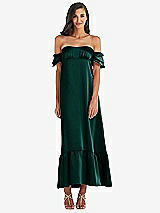 Front View Thumbnail - Evergreen Ruffled Off-the-Shoulder Tiered Cuff Sleeve Midi Dress