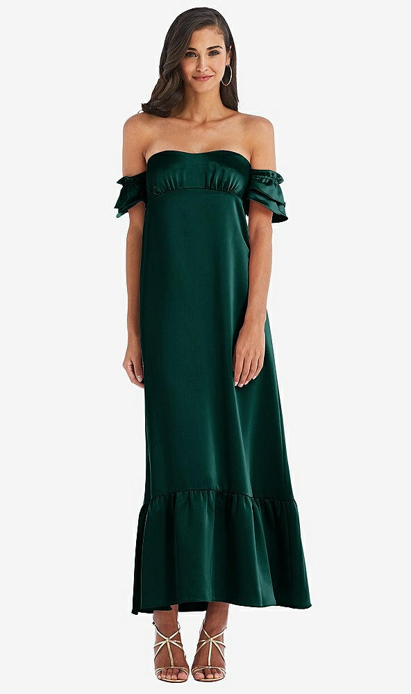 Front View - Evergreen Ruffled Off-the-Shoulder Tiered Cuff Sleeve Midi Dress
