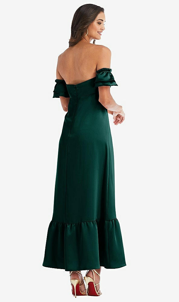 Back View - Evergreen Ruffled Off-the-Shoulder Tiered Cuff Sleeve Midi Dress