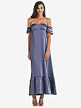 Front View Thumbnail - French Blue Ruffled Off-the-Shoulder Tiered Cuff Sleeve Midi Dress