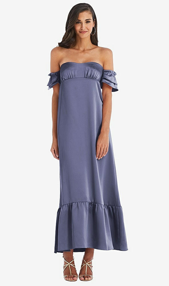 Front View - French Blue Ruffled Off-the-Shoulder Tiered Cuff Sleeve Midi Dress