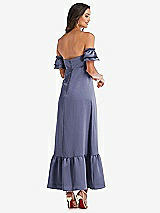 Rear View Thumbnail - French Blue Ruffled Off-the-Shoulder Tiered Cuff Sleeve Midi Dress
