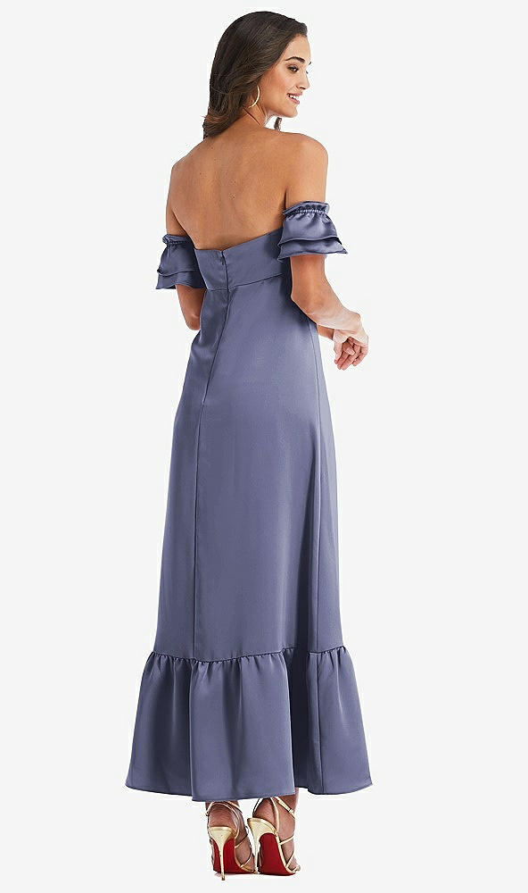 Back View - French Blue Ruffled Off-the-Shoulder Tiered Cuff Sleeve Midi Dress