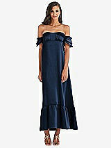 Front View Thumbnail - Midnight Navy Ruffled Off-the-Shoulder Tiered Cuff Sleeve Midi Dress