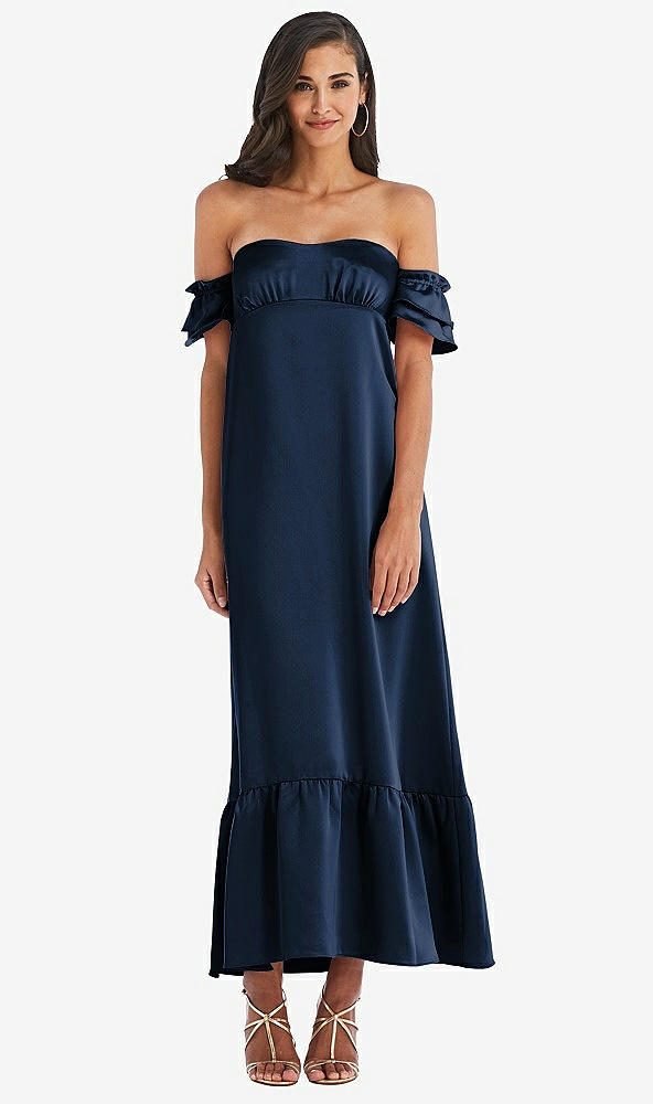 Front View - Midnight Navy Ruffled Off-the-Shoulder Tiered Cuff Sleeve Midi Dress