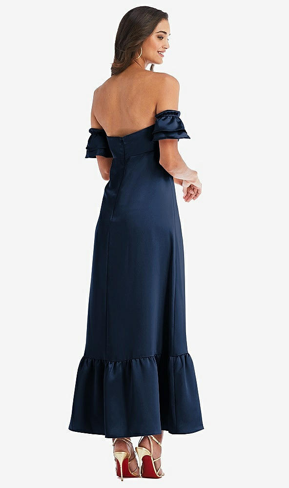 Back View - Midnight Navy Ruffled Off-the-Shoulder Tiered Cuff Sleeve Midi Dress