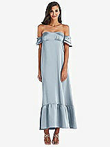 Front View Thumbnail - Mist Ruffled Off-the-Shoulder Tiered Cuff Sleeve Midi Dress
