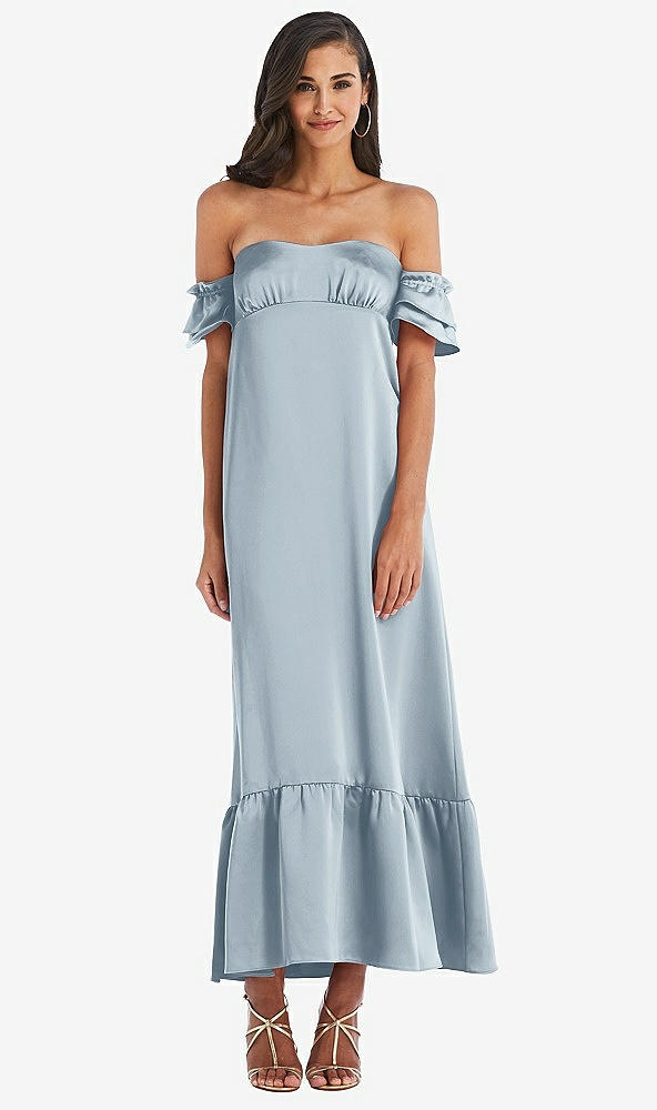 Front View - Mist Ruffled Off-the-Shoulder Tiered Cuff Sleeve Midi Dress