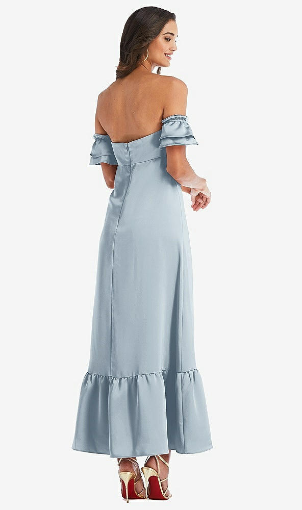 Back View - Mist Ruffled Off-the-Shoulder Tiered Cuff Sleeve Midi Dress