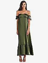 Front View Thumbnail - Olive Green Ruffled Off-the-Shoulder Tiered Cuff Sleeve Midi Dress