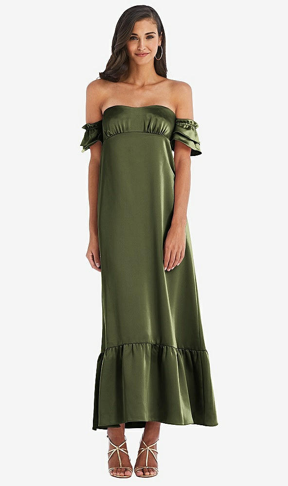 Front View - Olive Green Ruffled Off-the-Shoulder Tiered Cuff Sleeve Midi Dress