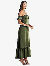 Side View Thumbnail - Olive Green Ruffled Off-the-Shoulder Tiered Cuff Sleeve Midi Dress