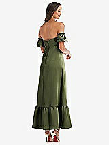 Rear View Thumbnail - Olive Green Ruffled Off-the-Shoulder Tiered Cuff Sleeve Midi Dress