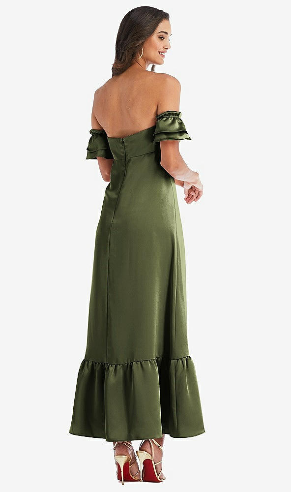 Back View - Olive Green Ruffled Off-the-Shoulder Tiered Cuff Sleeve Midi Dress