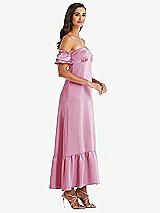 Side View Thumbnail - Powder Pink Ruffled Off-the-Shoulder Tiered Cuff Sleeve Midi Dress