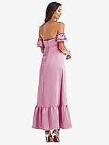 Rear View Thumbnail - Powder Pink Ruffled Off-the-Shoulder Tiered Cuff Sleeve Midi Dress