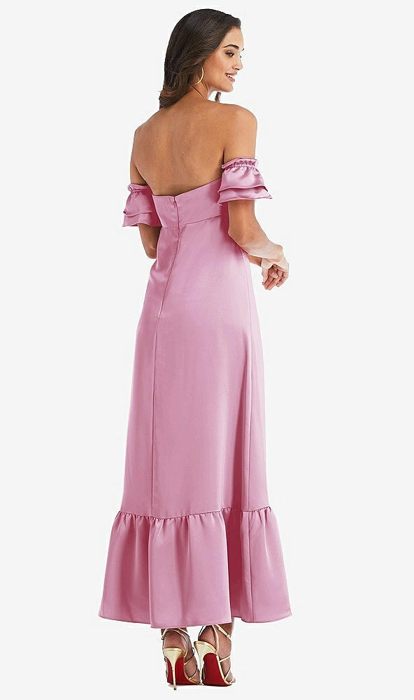 Back View - Powder Pink Ruffled Off-the-Shoulder Tiered Cuff Sleeve Midi Dress