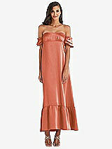 Front View Thumbnail - Terracotta Copper Ruffled Off-the-Shoulder Tiered Cuff Sleeve Midi Dress