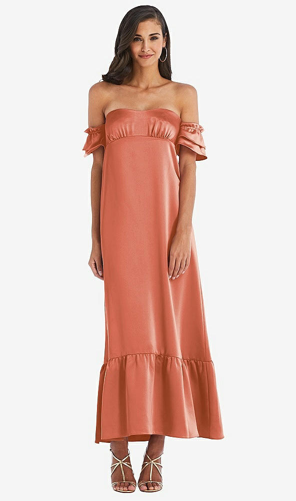 Front View - Terracotta Copper Ruffled Off-the-Shoulder Tiered Cuff Sleeve Midi Dress